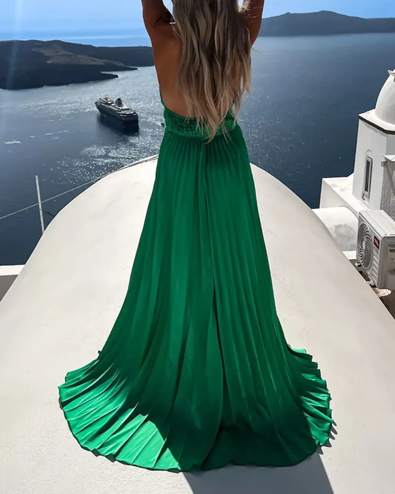 Sleeveless Cross Halter Hem Slit Dress