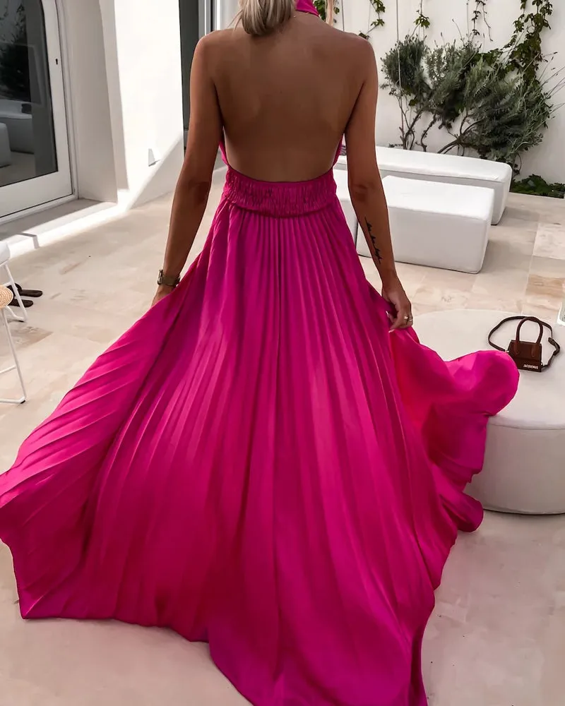 Sleeveless Cross Halter Hem Slit Dress
