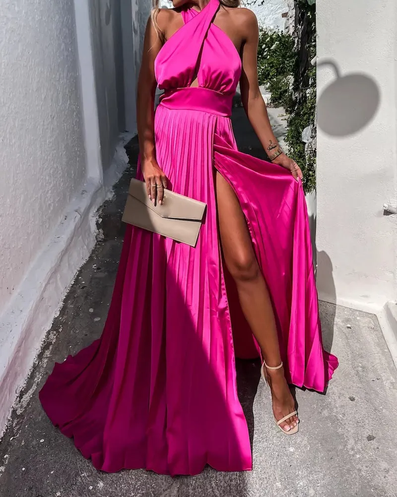 Sleeveless Cross Halter Hem Slit Dress