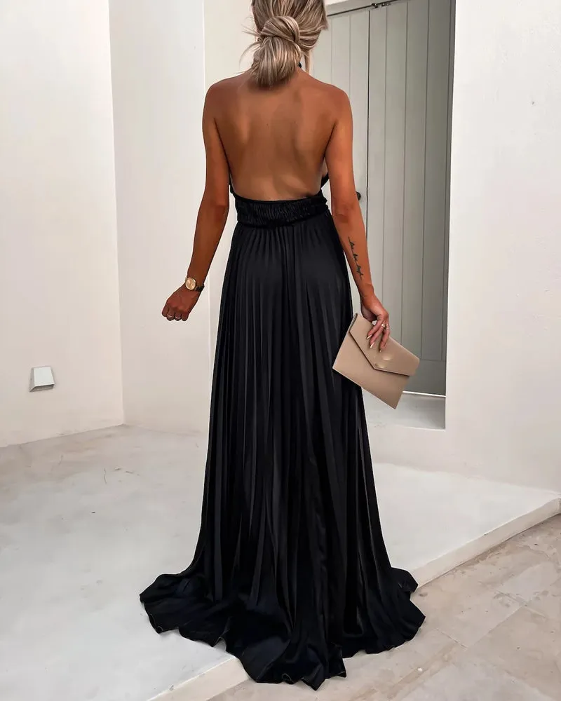 Sleeveless Cross Halter Hem Slit Dress