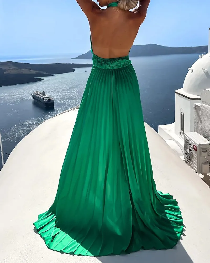 Sleeveless Cross Halter Hem Slit Dress