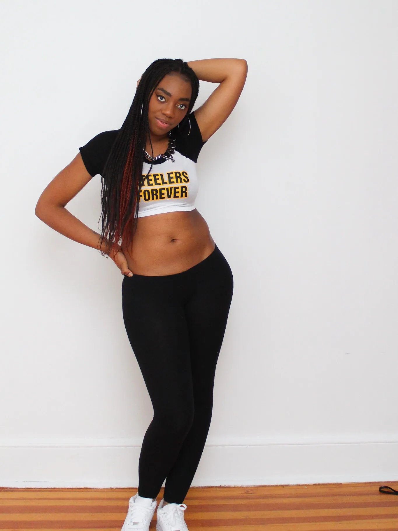 Steelers Forever Short Sleeve Raglan White and Black Crop Top / Made in USA