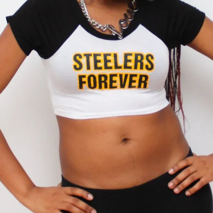 Steelers Forever Short Sleeve Raglan White and Black Crop Top / Made in USA