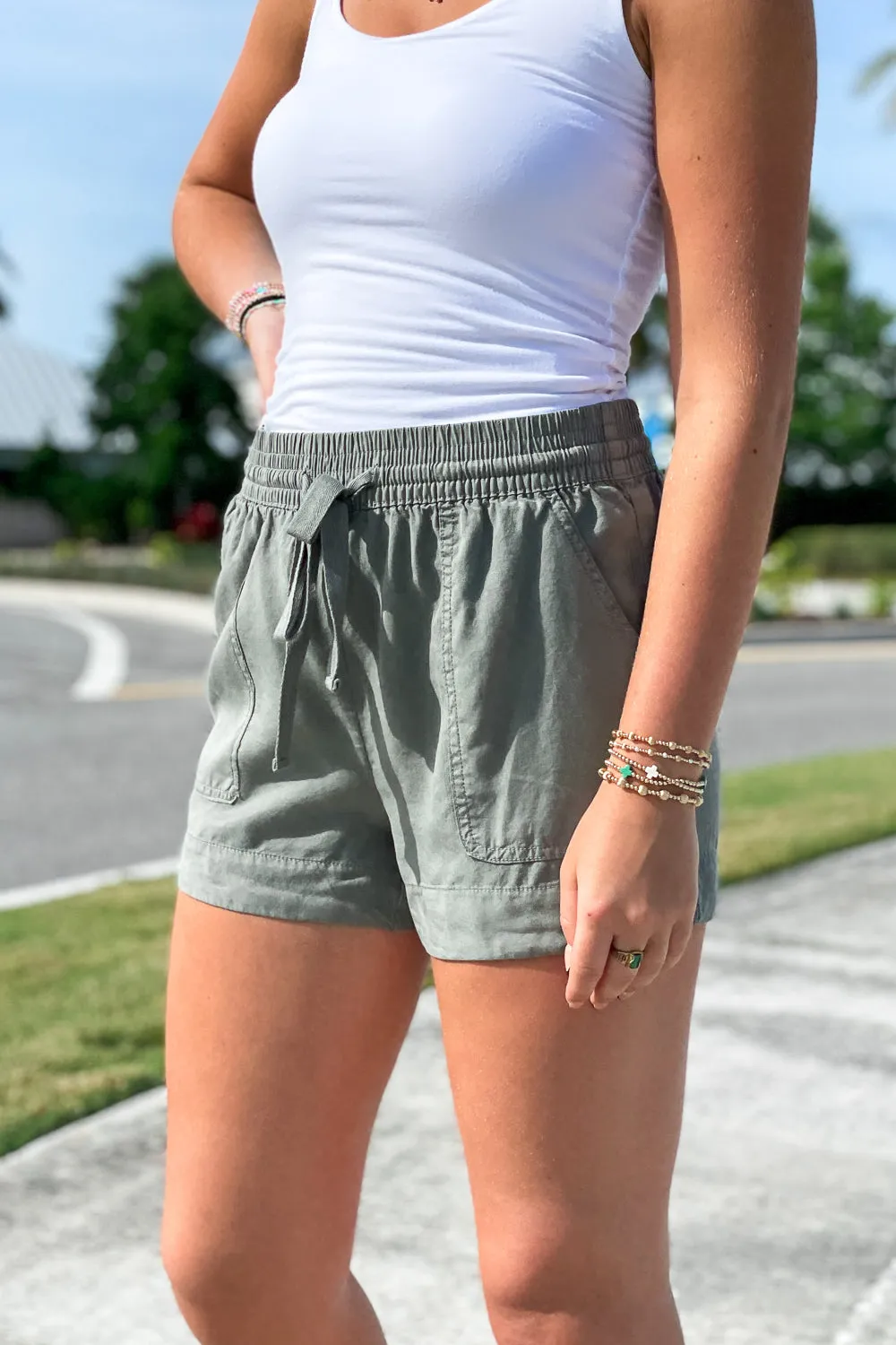 Sunny Days Drawstring Shorts - Dark Olive