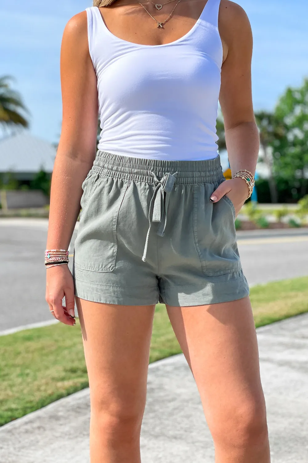 Sunny Days Drawstring Shorts - Dark Olive
