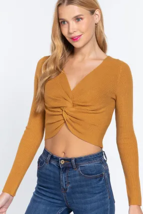 V-Neck Front Knotted Crop Sweater