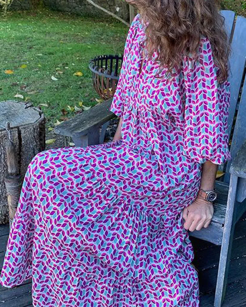 V-neck Geometric Print Loose Dress