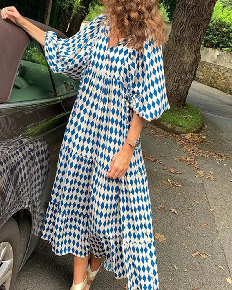 V-neck Geometric Print Loose Dress