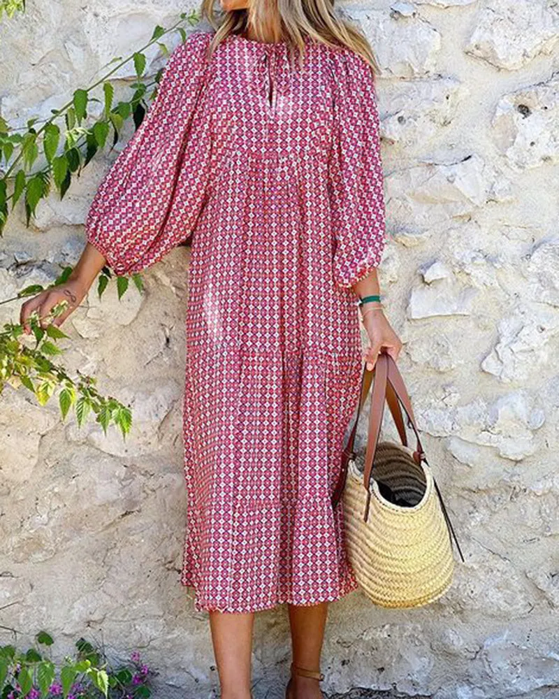 V-neck Geometric Print Loose Dress