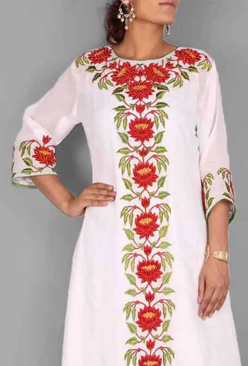 White, Green & Red Floral Pattern Georgette Kaftan with Slip