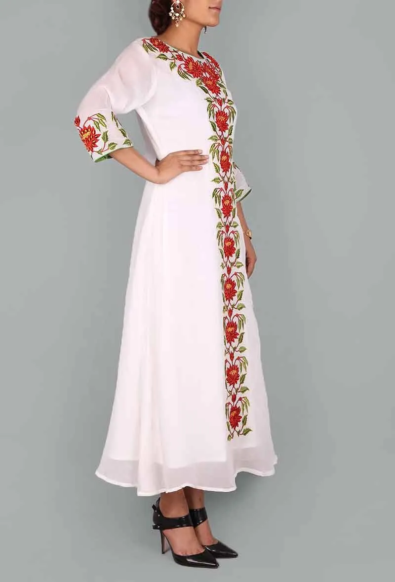 White, Green & Red Floral Pattern Georgette Kaftan with Slip