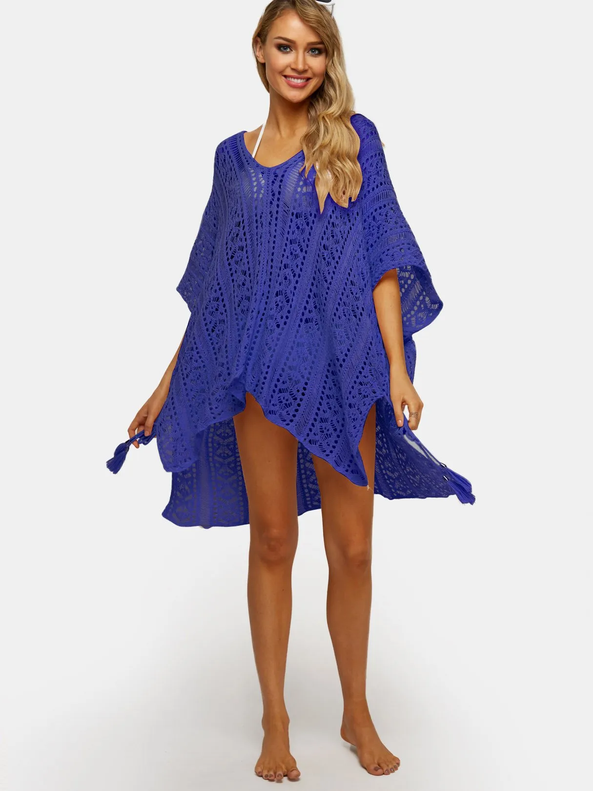 Wholesale Purple Deep V-Neck Tassel Hollow Lace-Up Slit Hem Beachwear