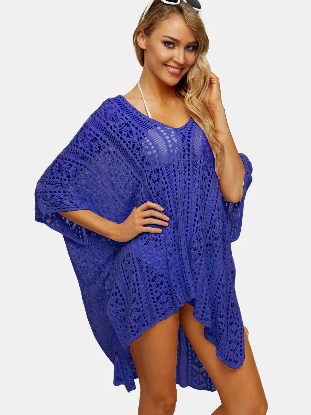 Wholesale Purple Deep V-Neck Tassel Hollow Lace-Up Slit Hem Beachwear