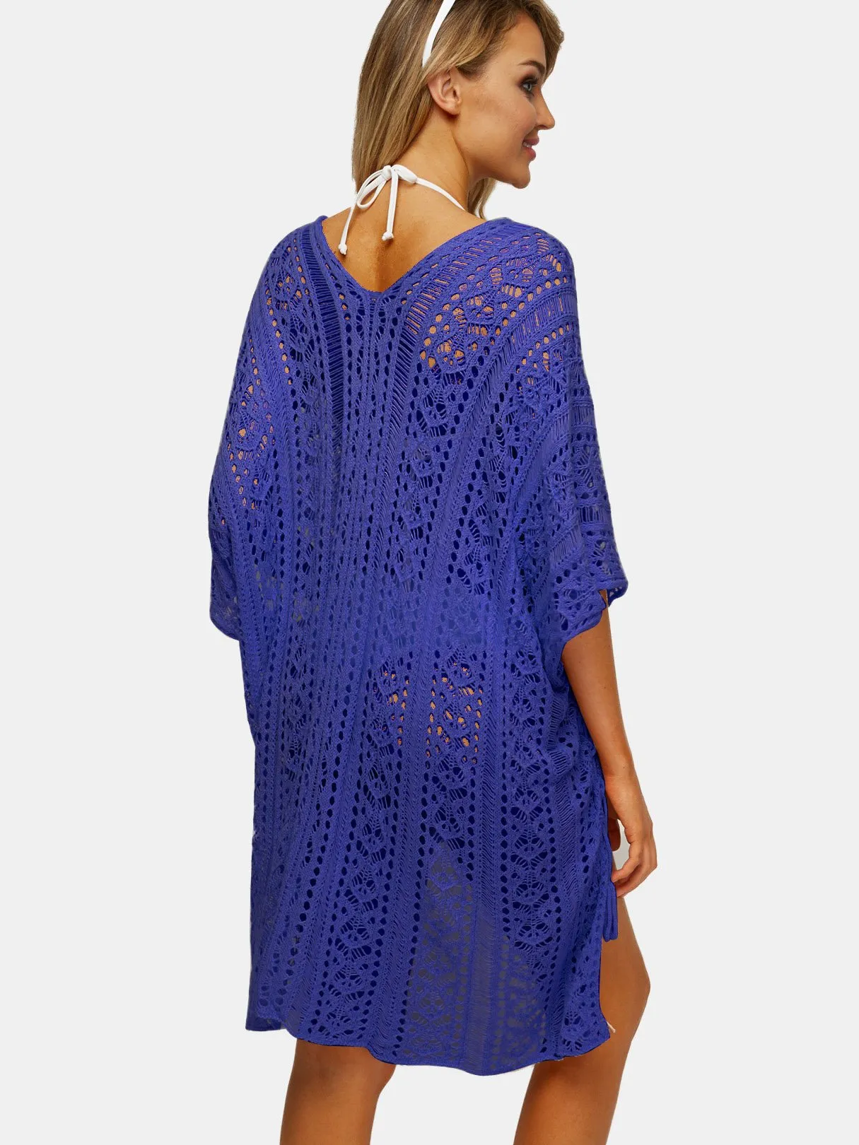 Wholesale Purple Deep V-Neck Tassel Hollow Lace-Up Slit Hem Beachwear