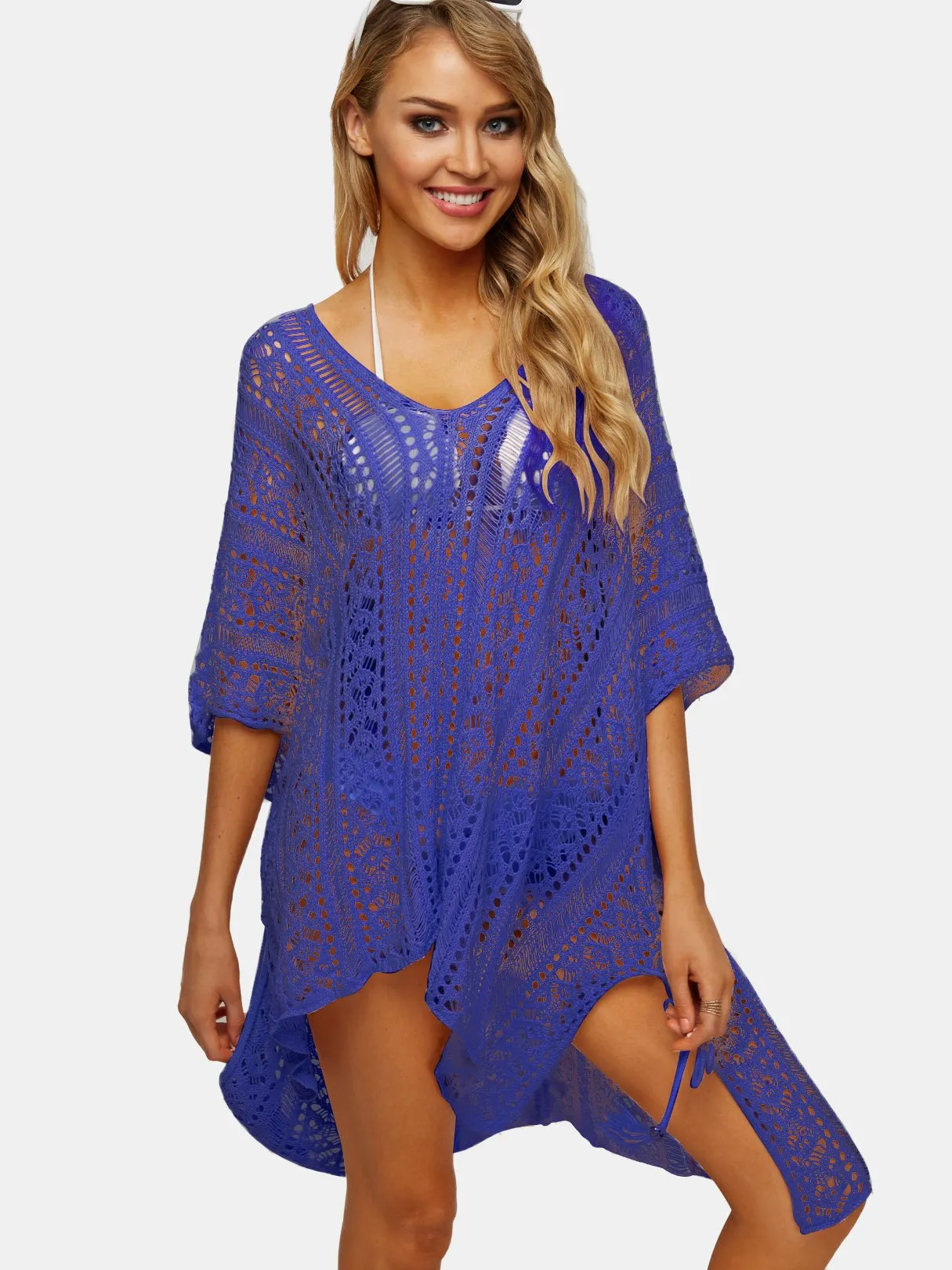 Wholesale Purple Deep V-Neck Tassel Hollow Lace-Up Slit Hem Beachwear