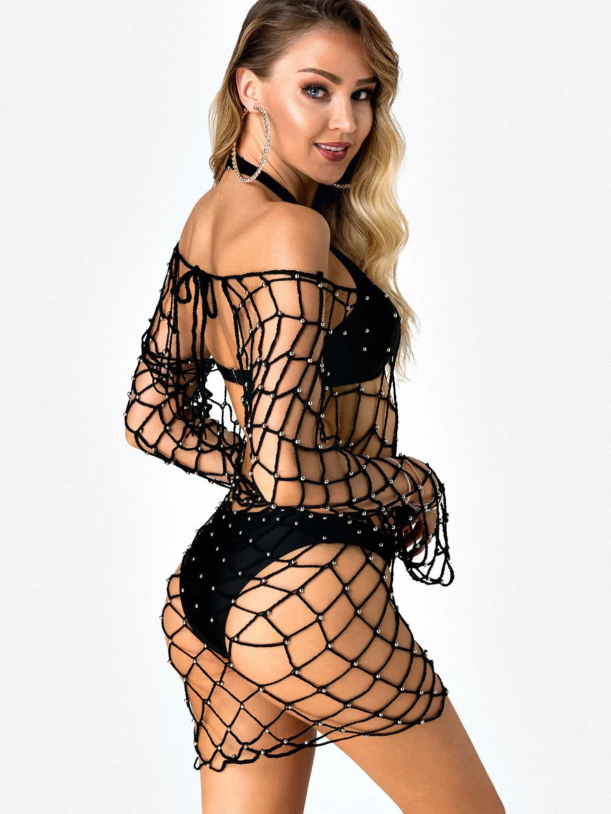 Wholesale Scoop Neck Long Sleeve Plain Backless Lace-Up Fishnet Cover Ups Swimwear