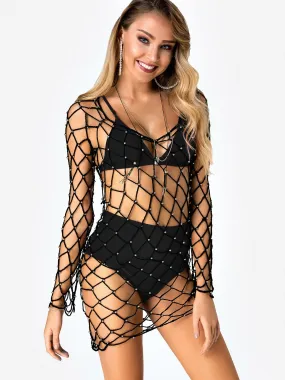 Wholesale Scoop Neck Long Sleeve Plain Backless Lace-Up Fishnet Cover Ups Swimwear