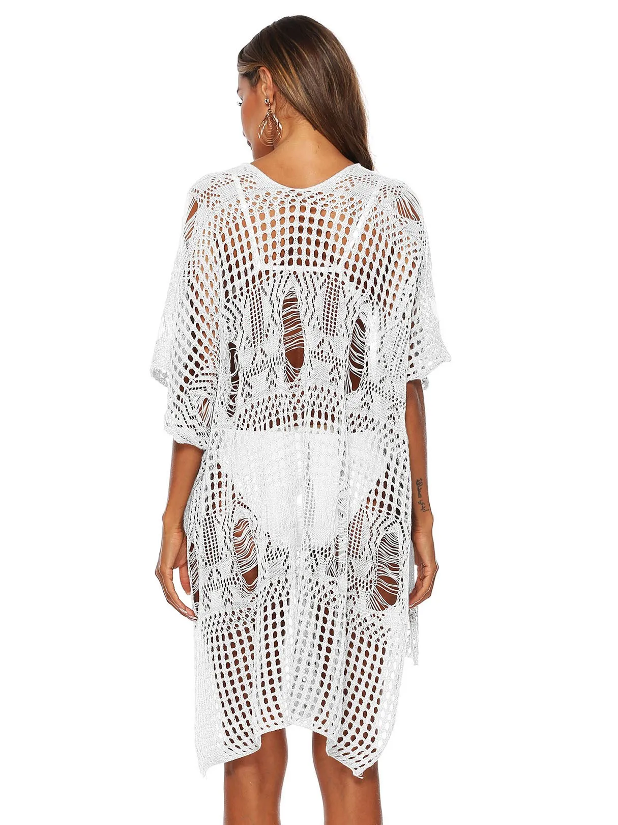 Wholesale Scoop Neck Plain Crochet Lace Embellished Crossed Front Hollow Slit Short Sleeve Beach Dresses