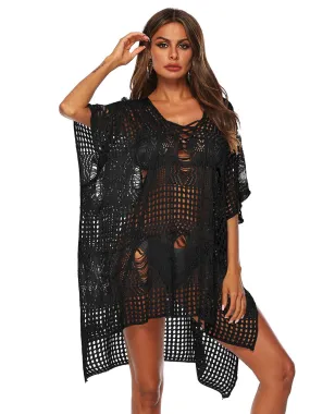 Wholesale Scoop Neck Plain Crochet Lace Embellished Crossed Front Hollow Slit Short Sleeve Beach Dresses