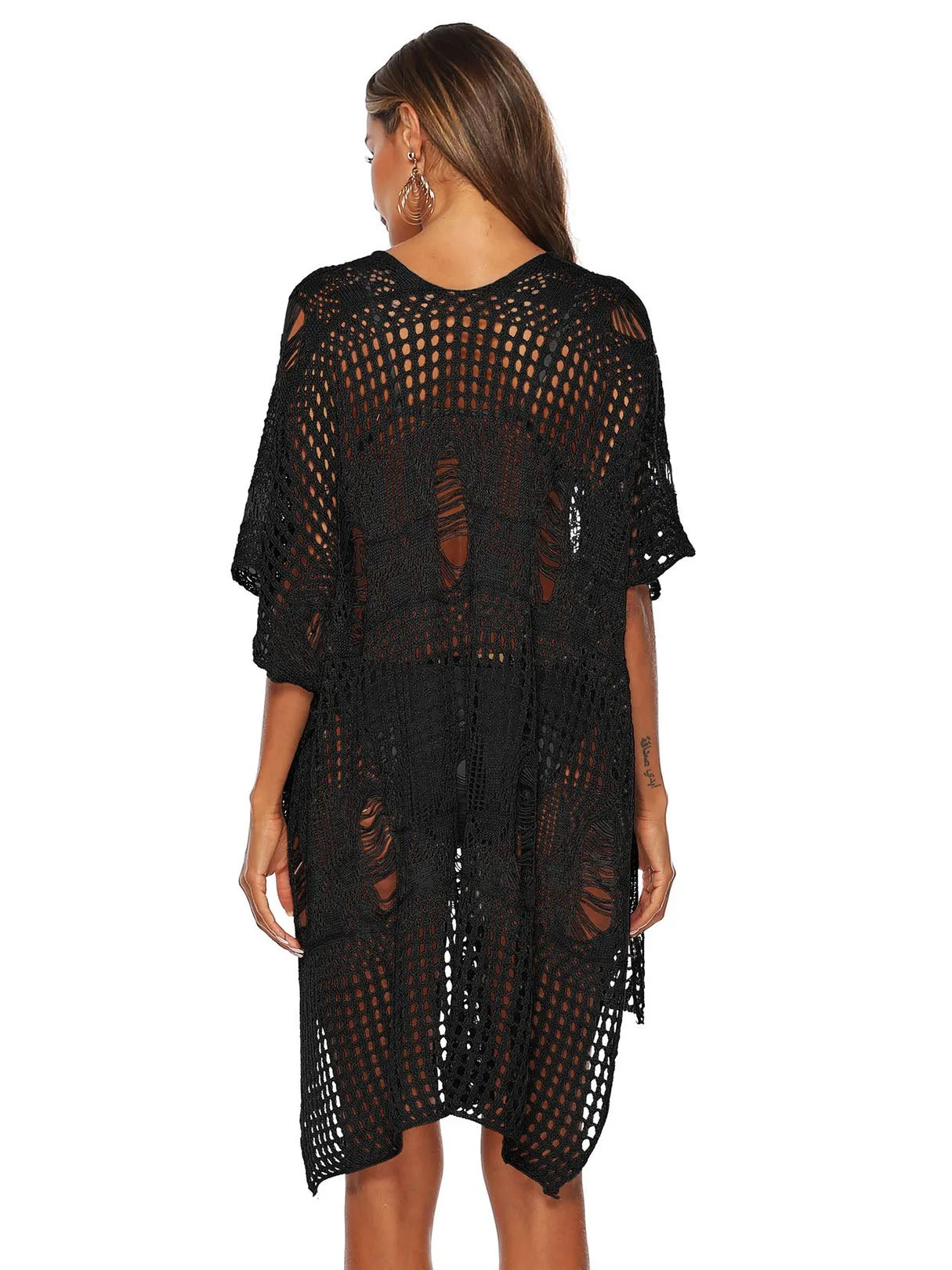 Wholesale Scoop Neck Plain Crochet Lace Embellished Crossed Front Hollow Slit Short Sleeve Beach Dresses