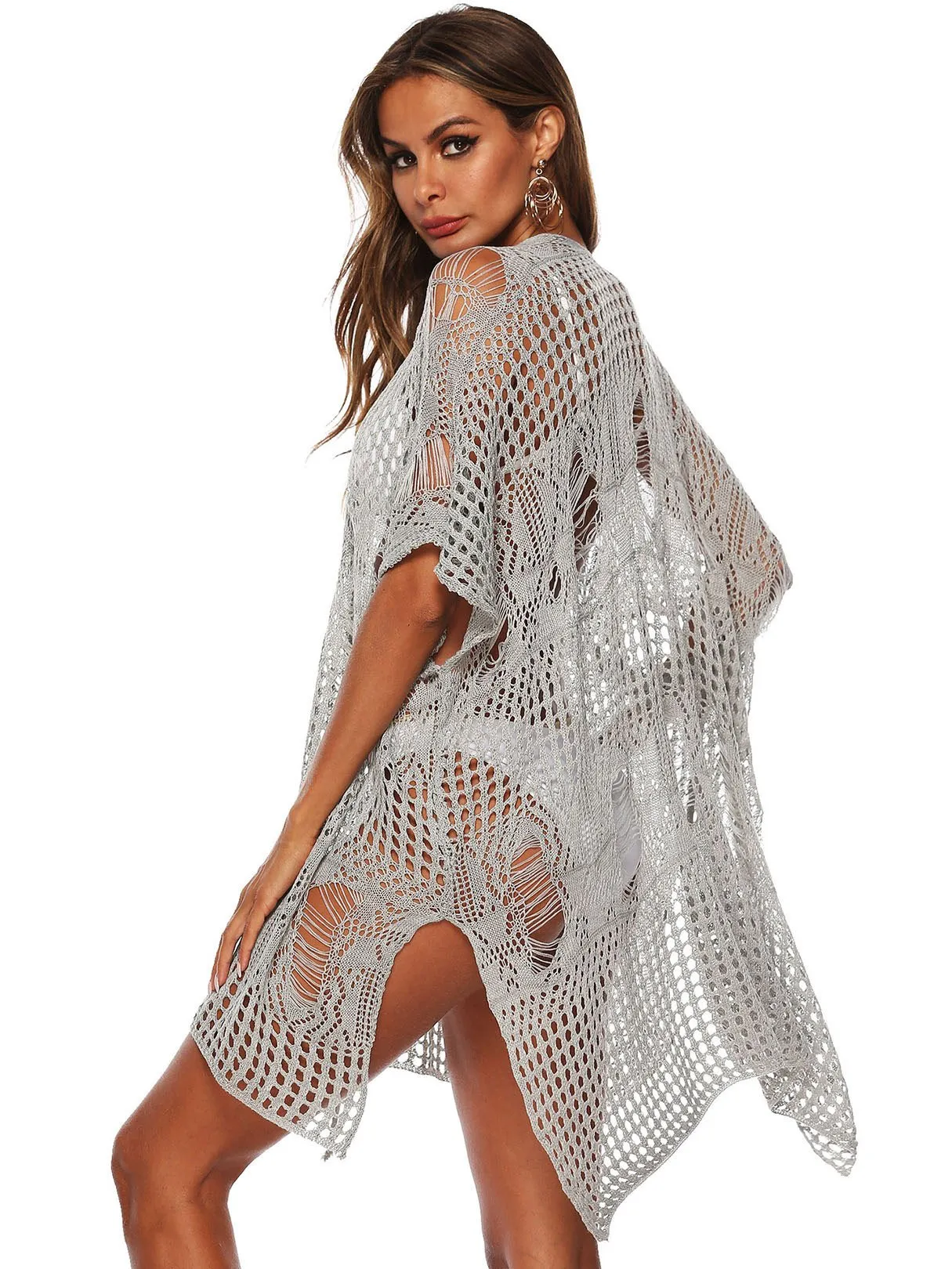 Wholesale Scoop Neck Plain Crochet Lace Embellished Crossed Front Hollow Slit Short Sleeve Beach Dresses