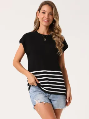 Women's Sleeveless Round Neck Striped Sweater Vest Casual Cap Sleeve Ribbed Knit Pullover Tank Tops