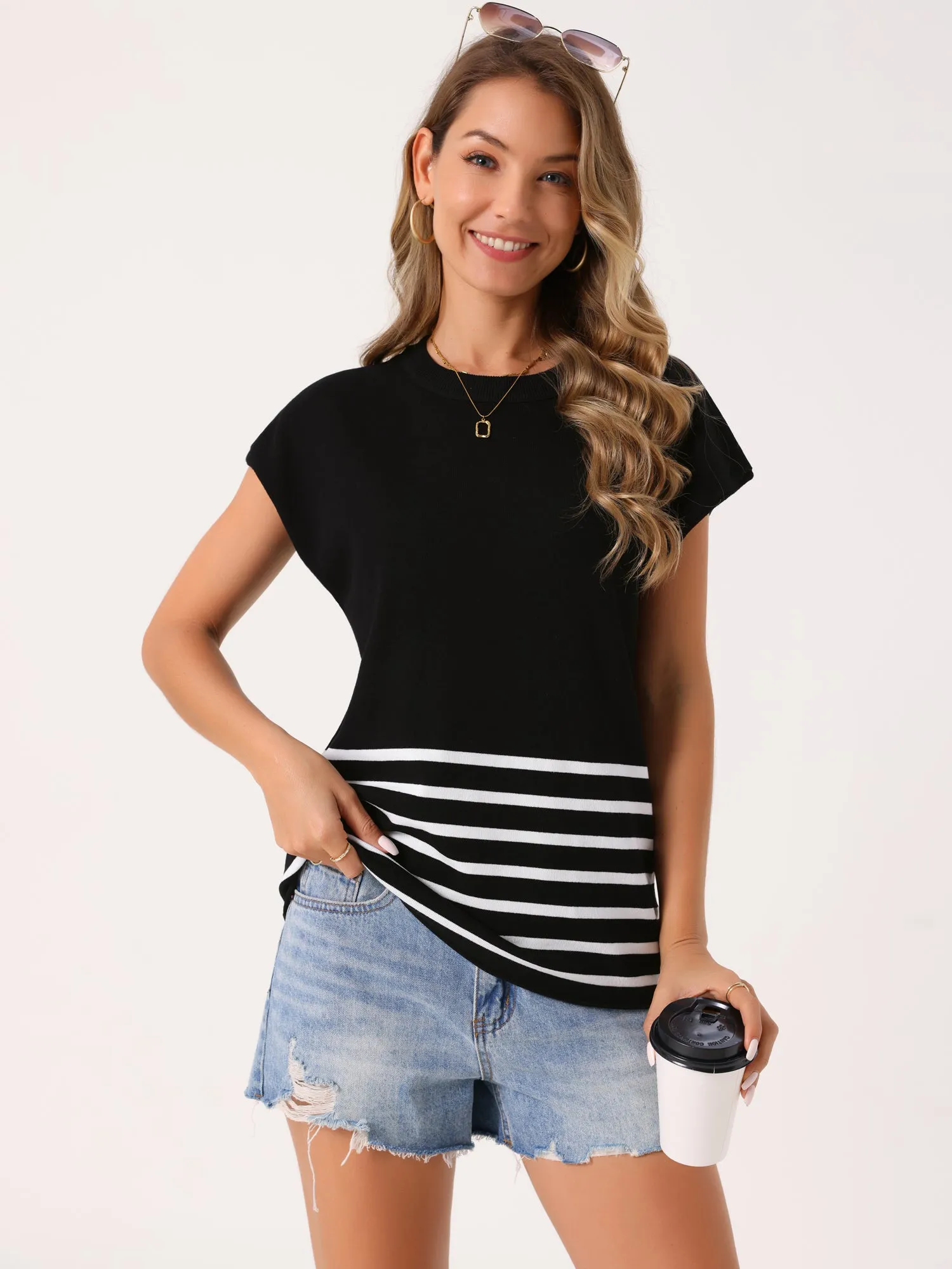 Women's Sleeveless Round Neck Striped Sweater Vest Casual Cap Sleeve Ribbed Knit Pullover Tank Tops