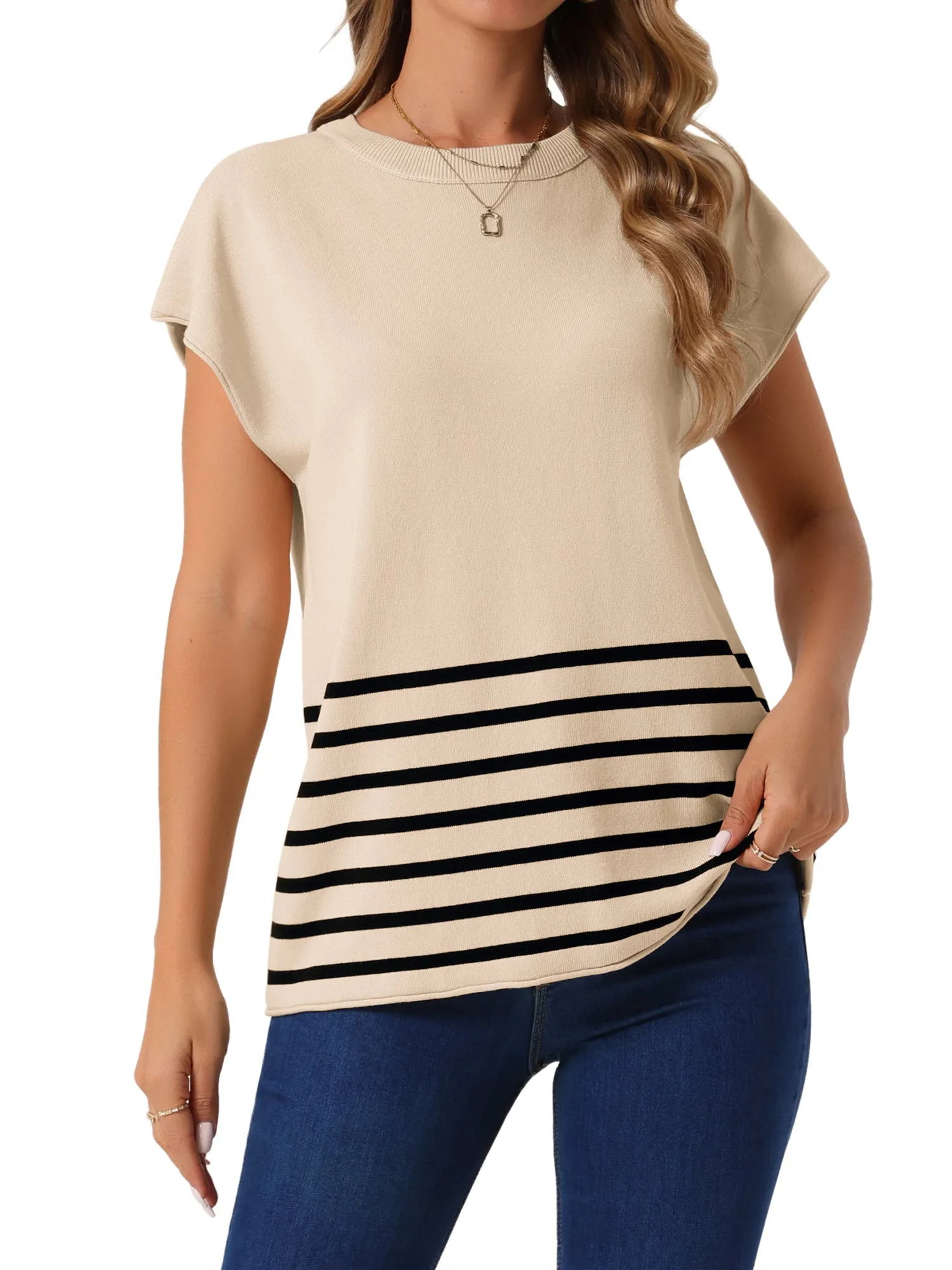 Women's Sleeveless Round Neck Striped Sweater Vest Casual Cap Sleeve Ribbed Knit Pullover Tank Tops