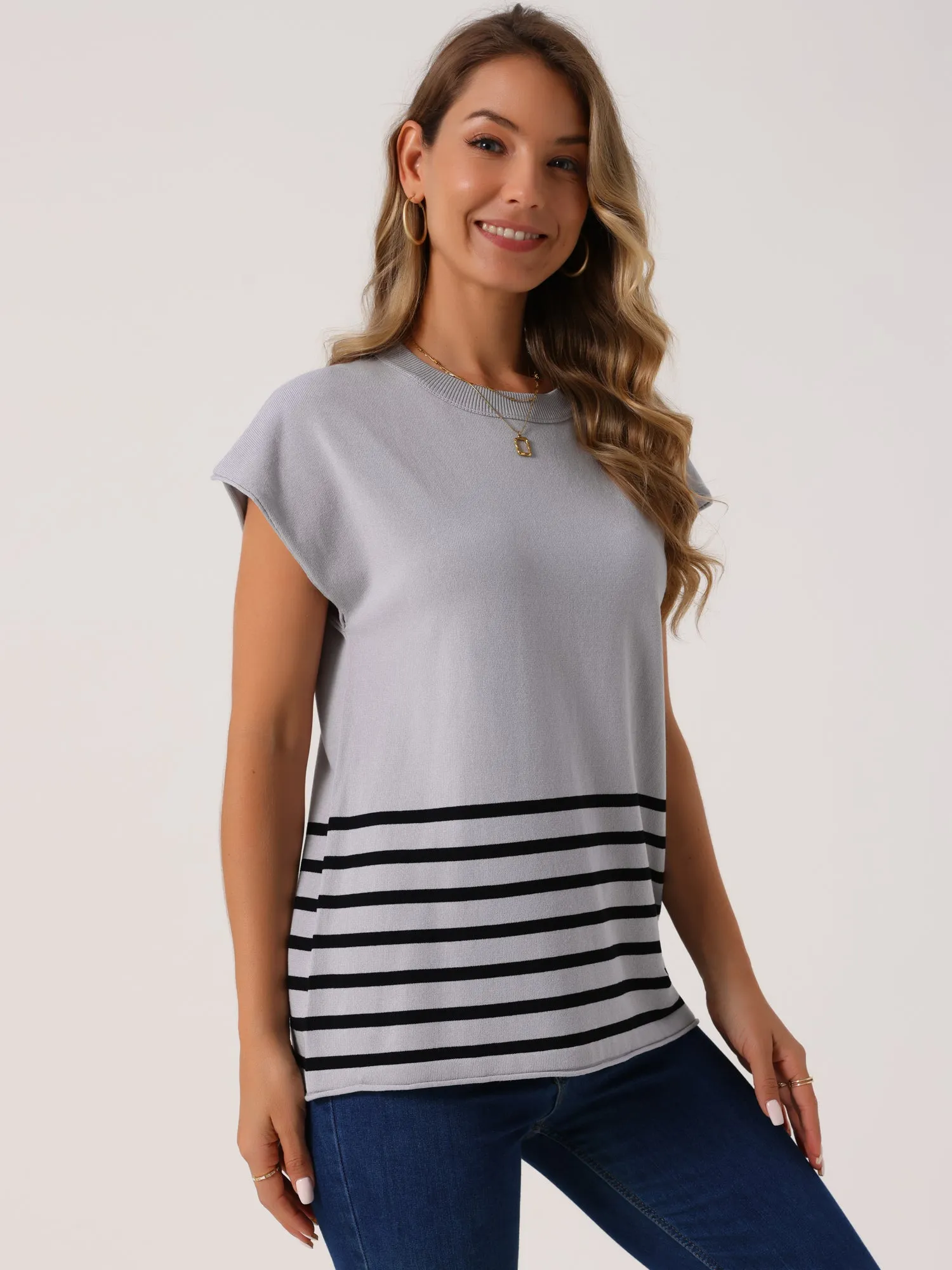 Women's Sleeveless Round Neck Striped Sweater Vest Casual Cap Sleeve Ribbed Knit Pullover Tank Tops
