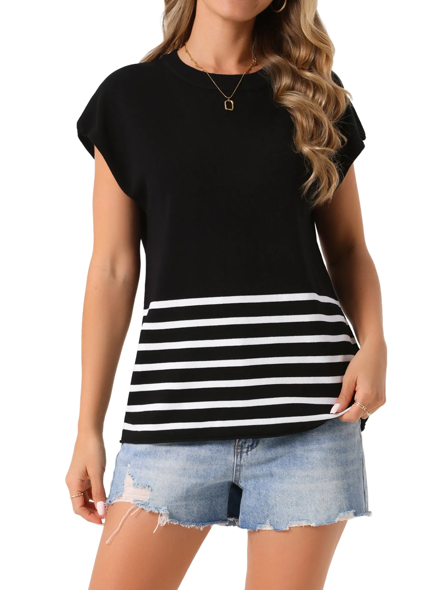 Women's Sleeveless Round Neck Striped Sweater Vest Casual Cap Sleeve Ribbed Knit Pullover Tank Tops