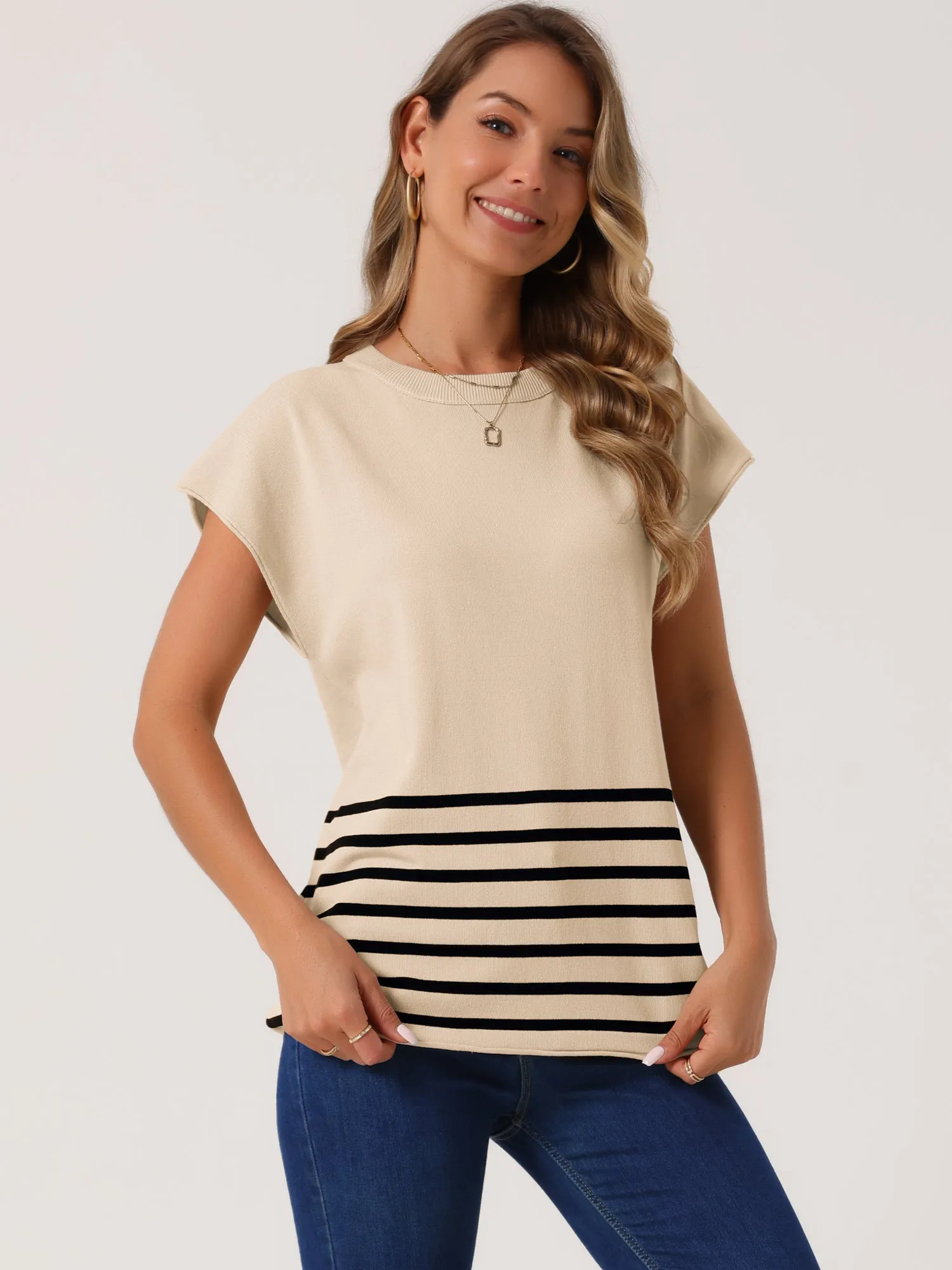 Women's Sleeveless Round Neck Striped Sweater Vest Casual Cap Sleeve Ribbed Knit Pullover Tank Tops