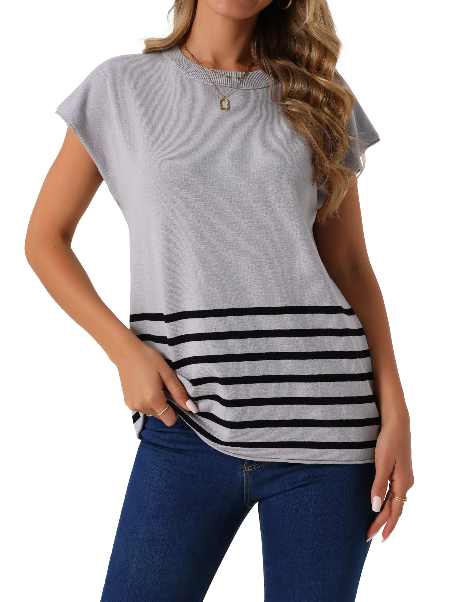 Women's Sleeveless Round Neck Striped Sweater Vest Casual Cap Sleeve Ribbed Knit Pullover Tank Tops