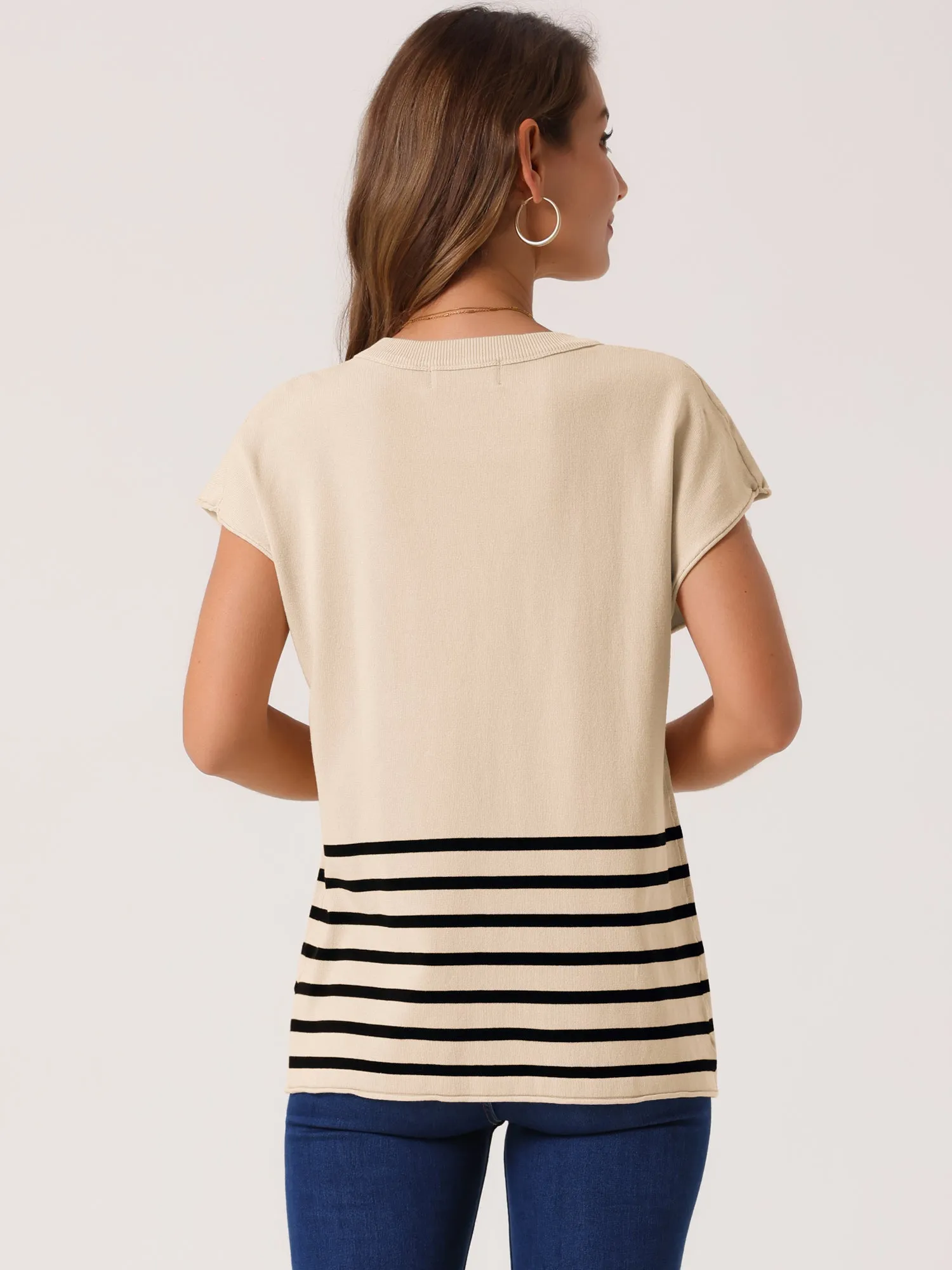 Women's Sleeveless Round Neck Striped Sweater Vest Casual Cap Sleeve Ribbed Knit Pullover Tank Tops