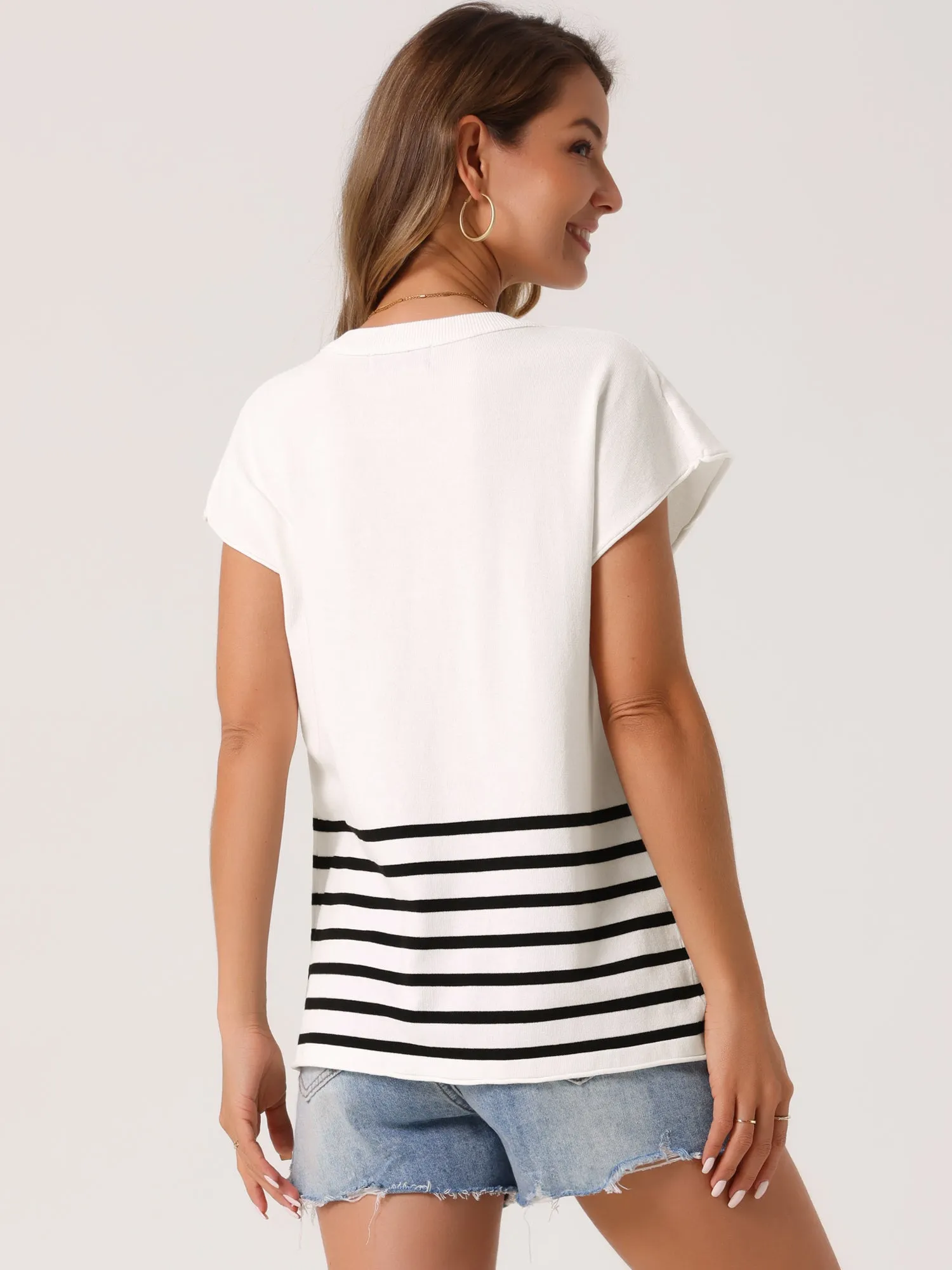 Women's Sleeveless Round Neck Striped Sweater Vest Casual Cap Sleeve Ribbed Knit Pullover Tank Tops
