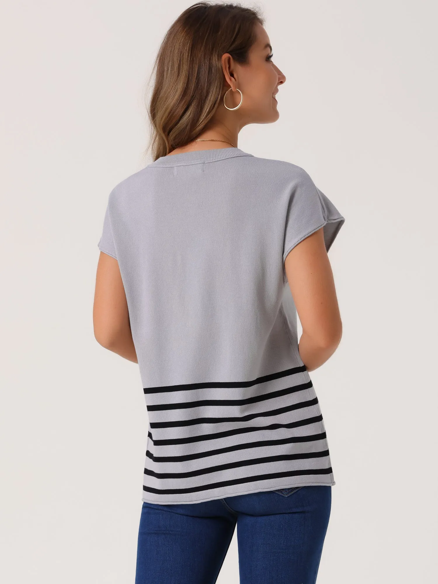Women's Sleeveless Round Neck Striped Sweater Vest Casual Cap Sleeve Ribbed Knit Pullover Tank Tops