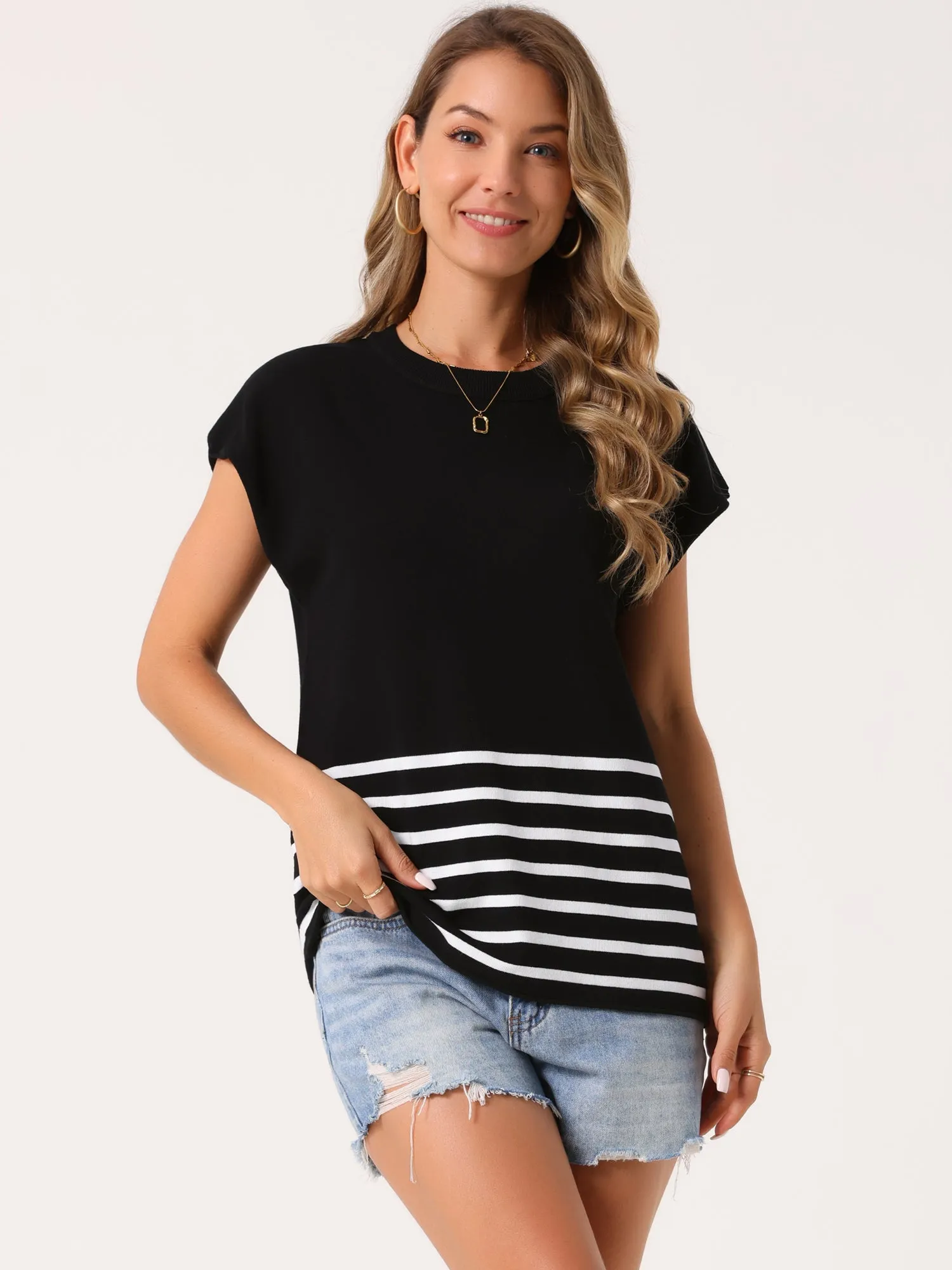 Women's Sleeveless Round Neck Striped Sweater Vest Casual Cap Sleeve Ribbed Knit Pullover Tank Tops