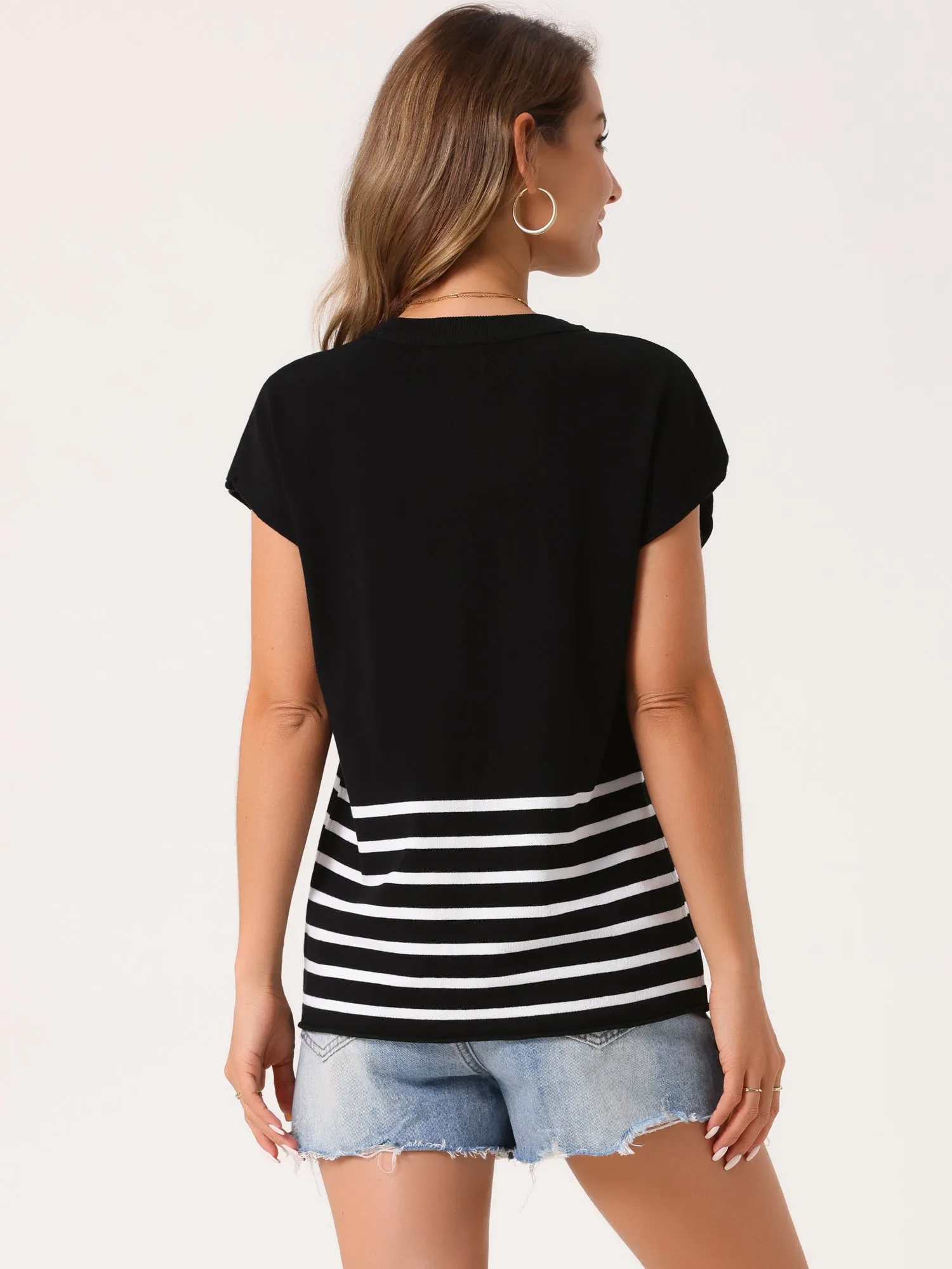 Women's Sleeveless Round Neck Striped Sweater Vest Casual Cap Sleeve Ribbed Knit Pullover Tank Tops