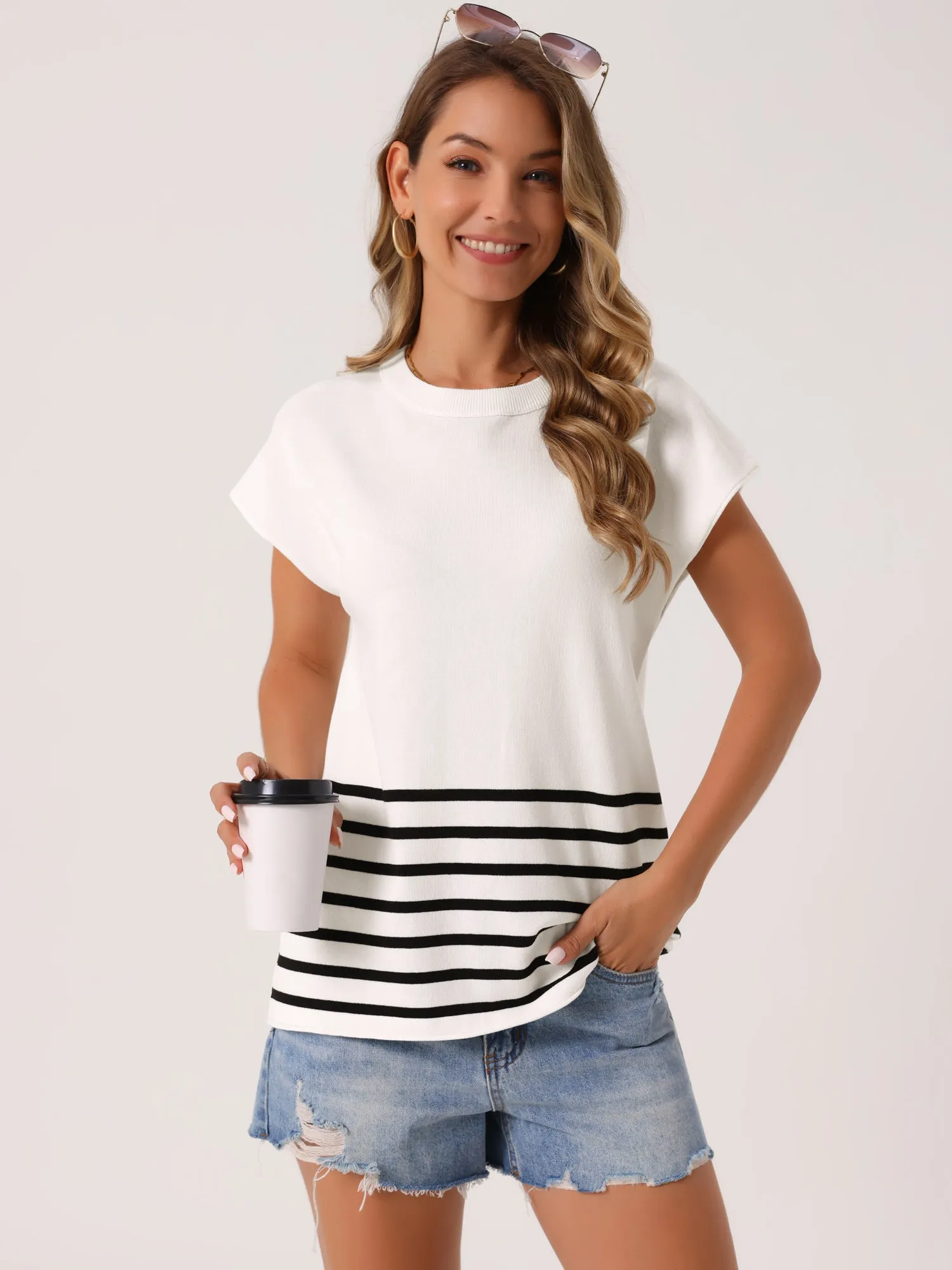 Women's Sleeveless Round Neck Striped Sweater Vest Casual Cap Sleeve Ribbed Knit Pullover Tank Tops