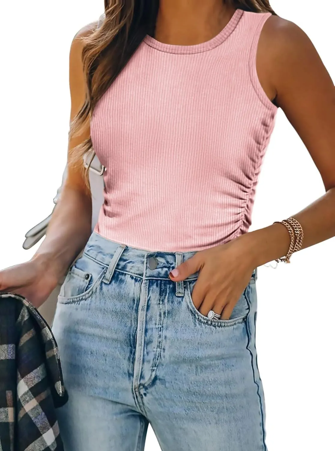 Zeagoo Womens Tank Tops 2024 Sleeveless Summer Tops High Neck Ribbed Knit Shirts Casual Basic Ruched Tops