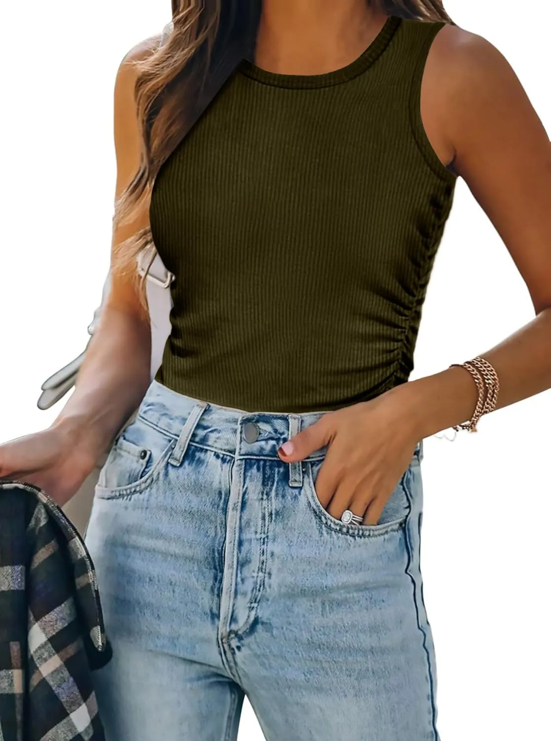 Zeagoo Womens Tank Tops 2024 Sleeveless Summer Tops High Neck Ribbed Knit Shirts Casual Basic Ruched Tops