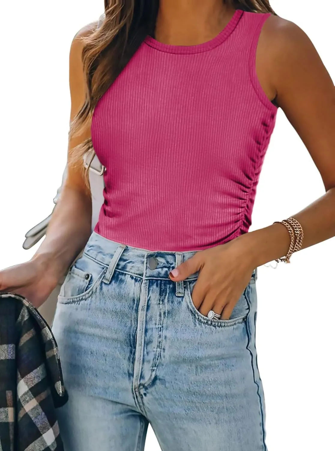 Zeagoo Womens Tank Tops 2024 Sleeveless Summer Tops High Neck Ribbed Knit Shirts Casual Basic Ruched Tops