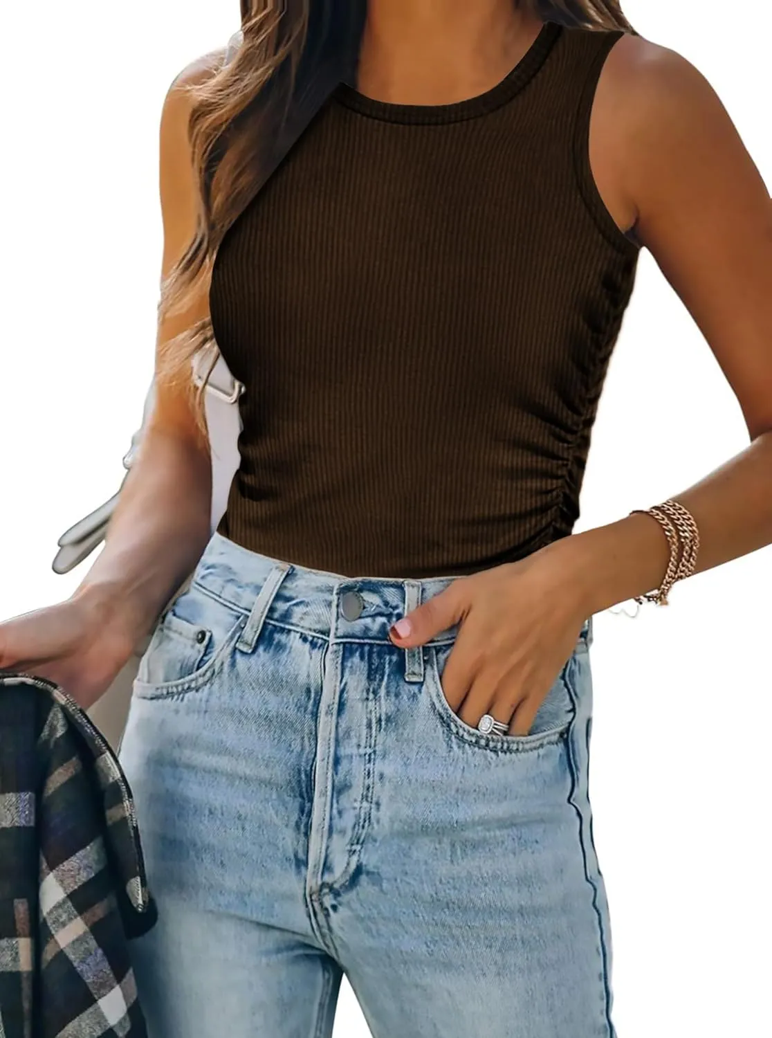 Zeagoo Womens Tank Tops 2024 Sleeveless Summer Tops High Neck Ribbed Knit Shirts Casual Basic Ruched Tops