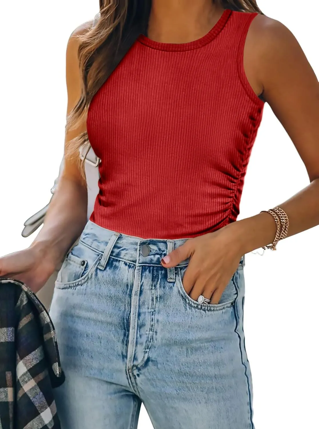 Zeagoo Womens Tank Tops 2024 Sleeveless Summer Tops High Neck Ribbed Knit Shirts Casual Basic Ruched Tops