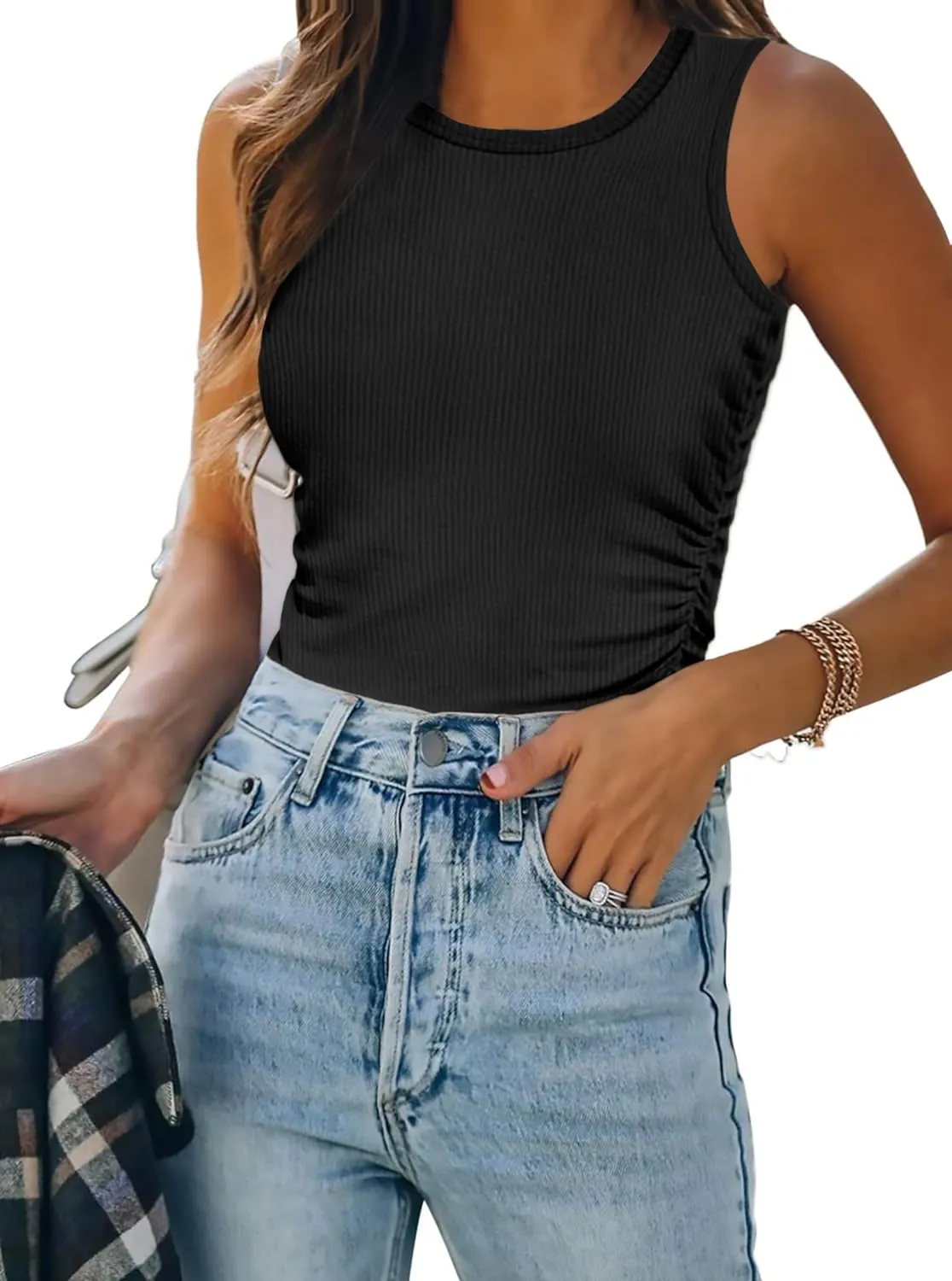 Zeagoo Womens Tank Tops 2024 Sleeveless Summer Tops High Neck Ribbed Knit Shirts Casual Basic Ruched Tops
